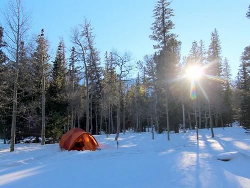 Snowy campsite at Wheel Peak Camp Ground
