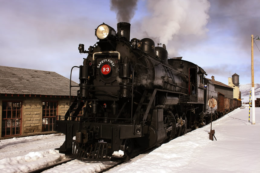 Nevada Northern Railway Locomotive No. 93 brings an ore train in the railyard