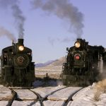 Two Nevada Northern Railway trains “pose” for a photograph at Hi Line Junction, in the Steptoe Valley east of Ely