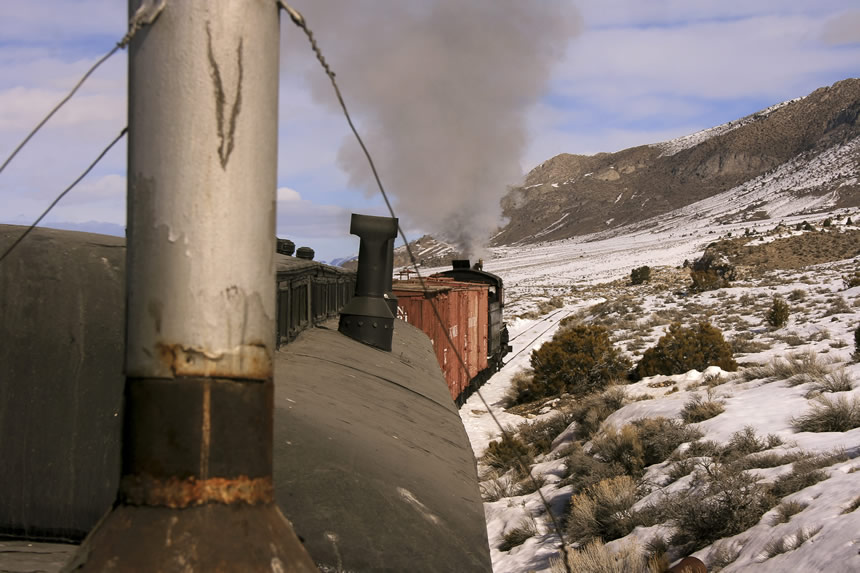View from the caboose on a Nevada Northern Railway freight train