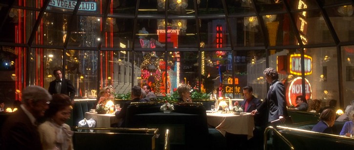 A still from Martin Scorsese's film about organized crime in 1970s Las Vegas,"Casino" (1995), features the spectacular view of Fremont Street from the Center Stage Restaurant in the Plaza Hotel and Casino, built on the site of the old Union Pacific Train Station at 1 Main Street. Stars Sharon Stone and Robert De Niro are seated at the table at center right.