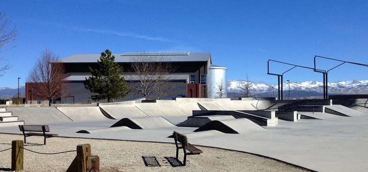 The Douglas County Community and Senior Center, with the Carson Valley Skate Board Park in the foreground.