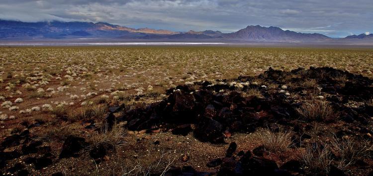 El Dorado Valley. Light area in the distance is the dry lake bed; dark area in the right foreground is a lava flow.