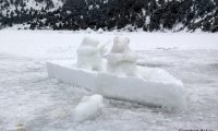 snow sculpture on Cave Lake